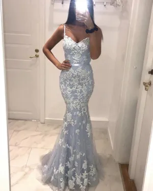 Mermaid Appliques Lace Grey Prom Dresses Evening Formal Dresses