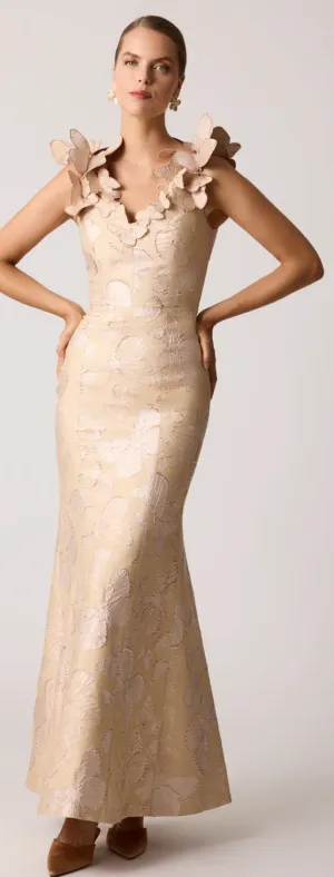 Metallic Jaquard Butterfly Pattern Trim Gown