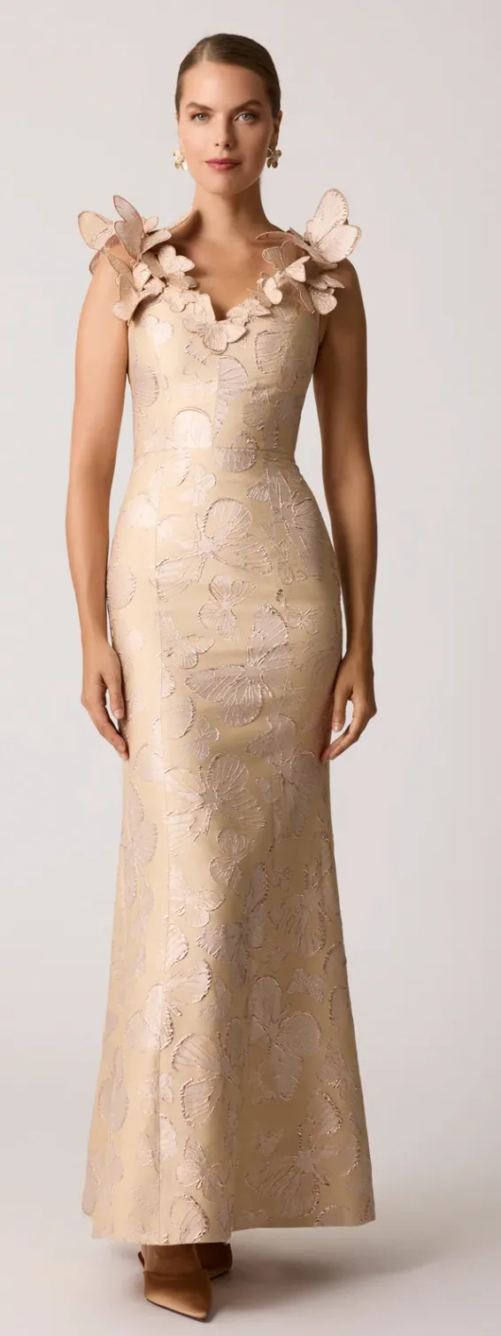 Metallic Jaquard Butterfly Pattern Trim Gown