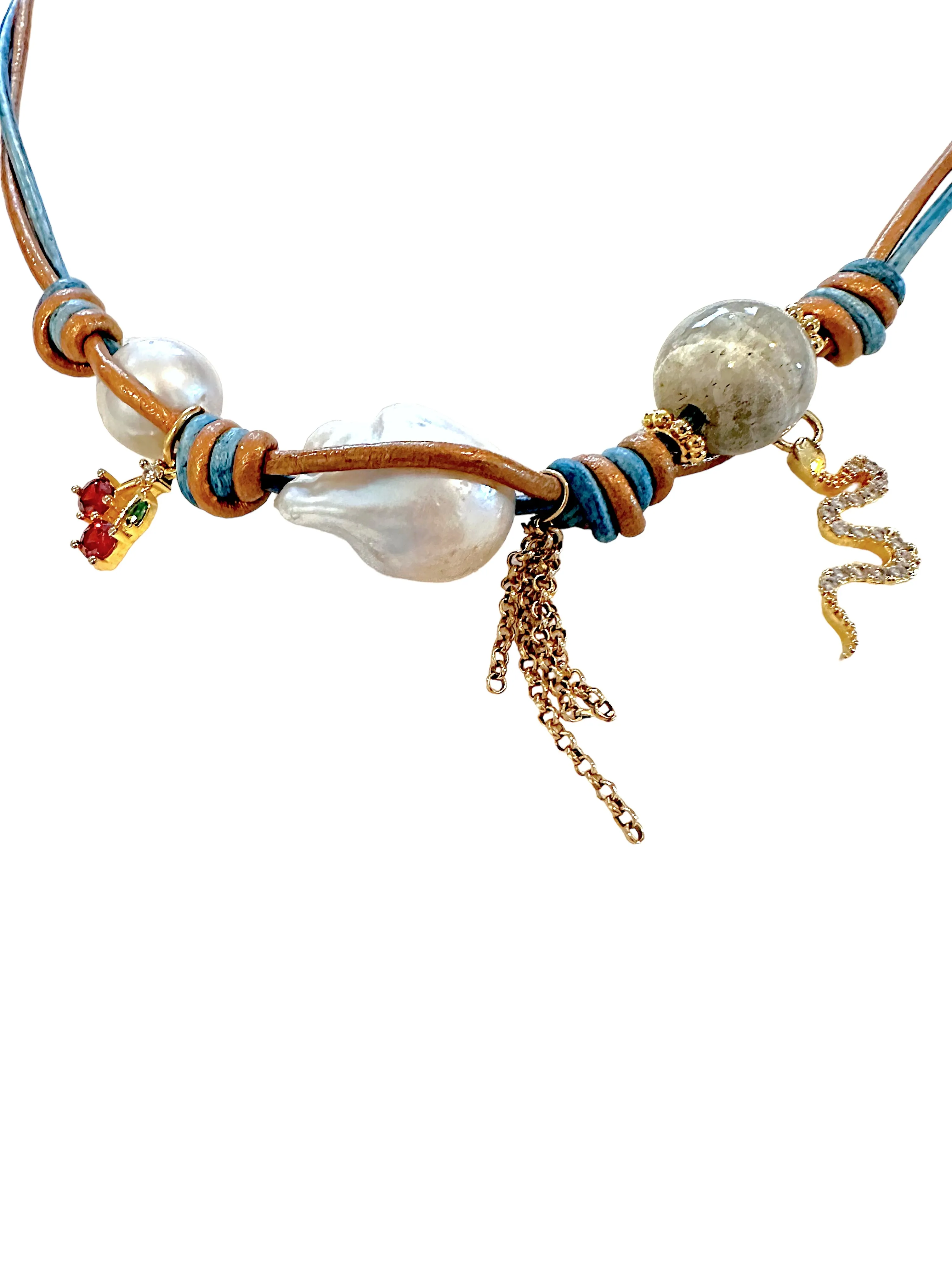 MIDSUMMER NIGHT DREAM GARDEN BAROQUE PEARL LUCKY CHARM GOLD CHAIN ROCKER NECKLACE