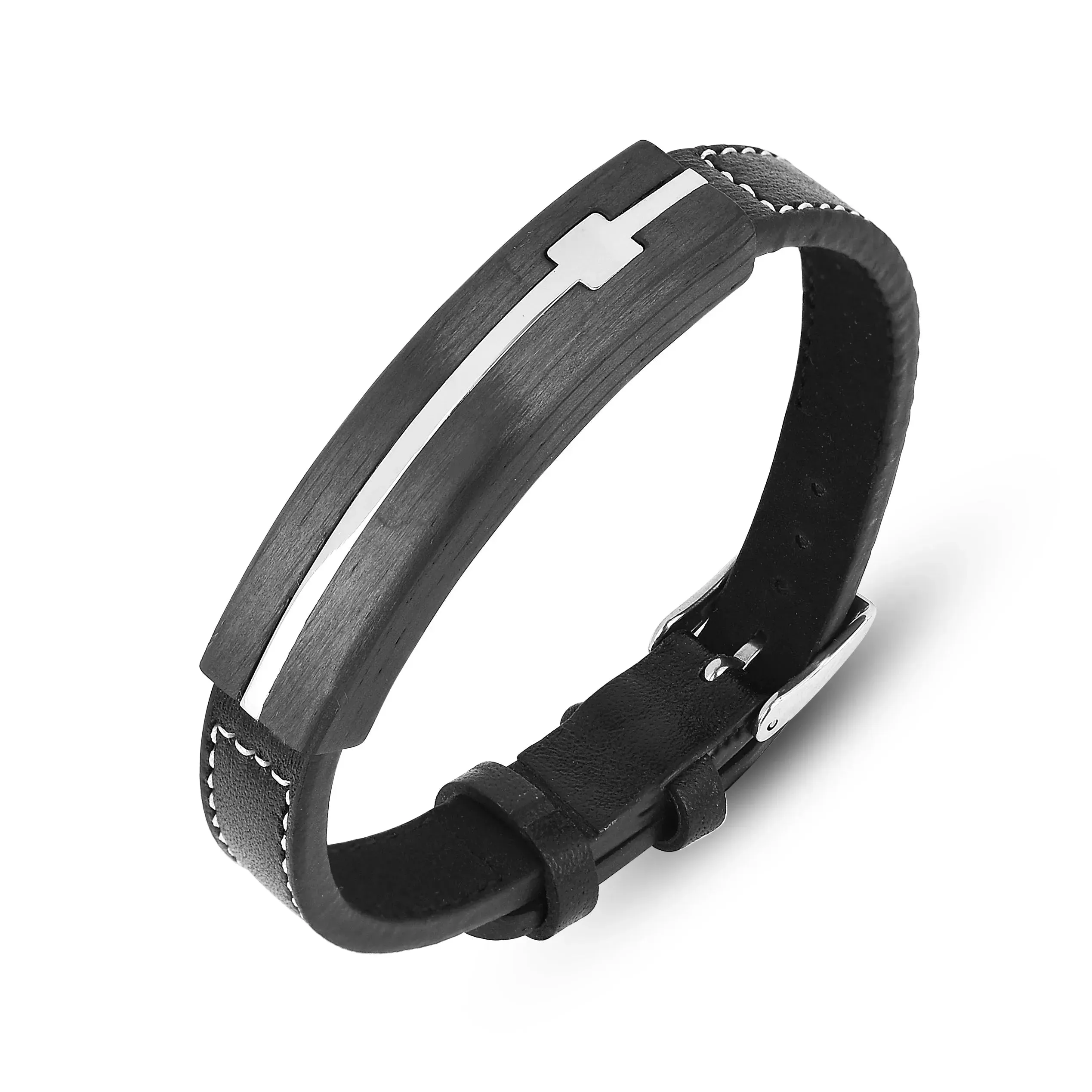Minimalist Black Leather Mens Bracelet