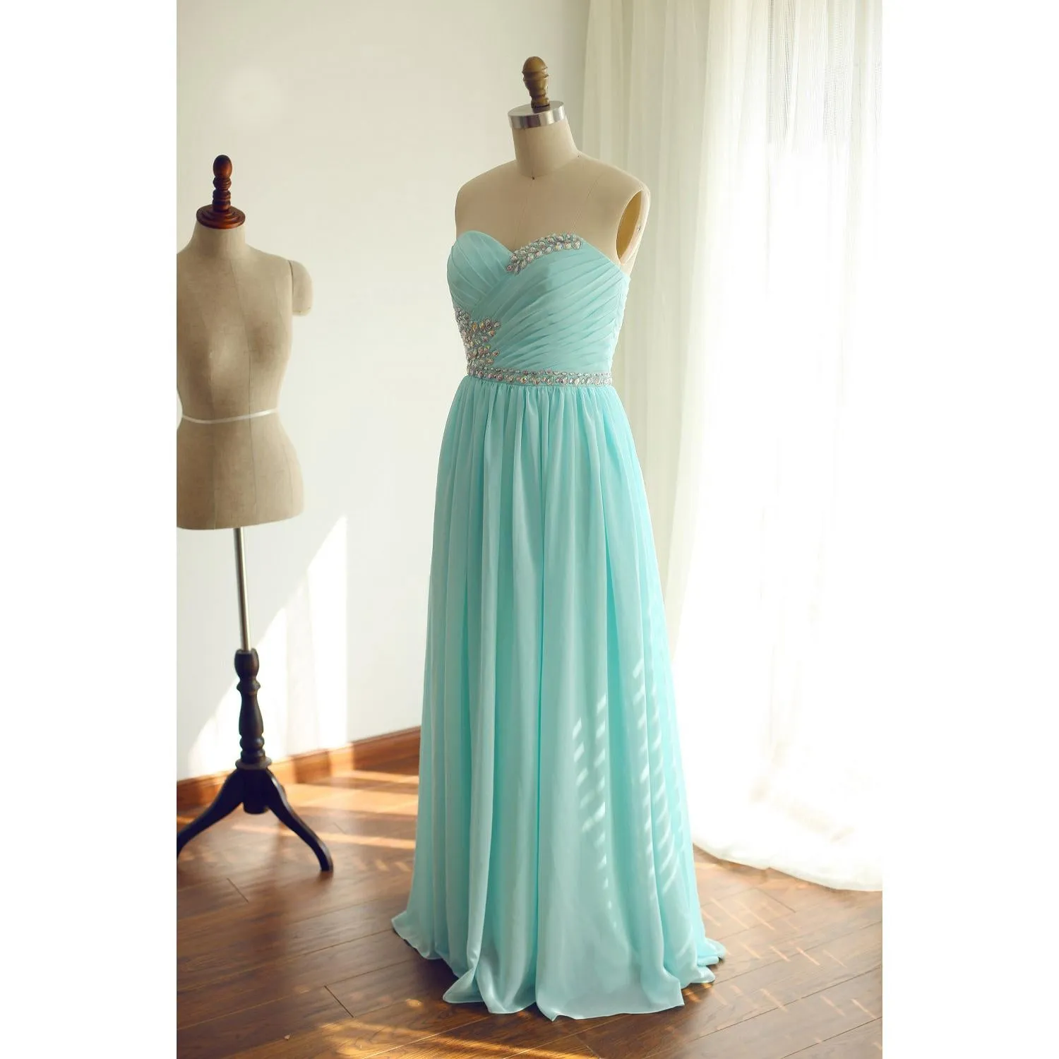 Mint Blue Beaded Sweetheart Chiffon A-line Formal Gown, Charming Party Dress