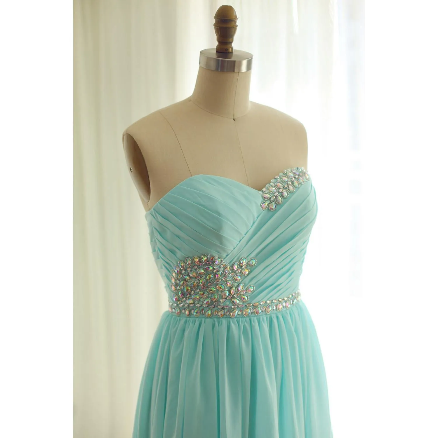 Mint Blue Beaded Sweetheart Chiffon A-line Formal Gown, Charming Party Dress