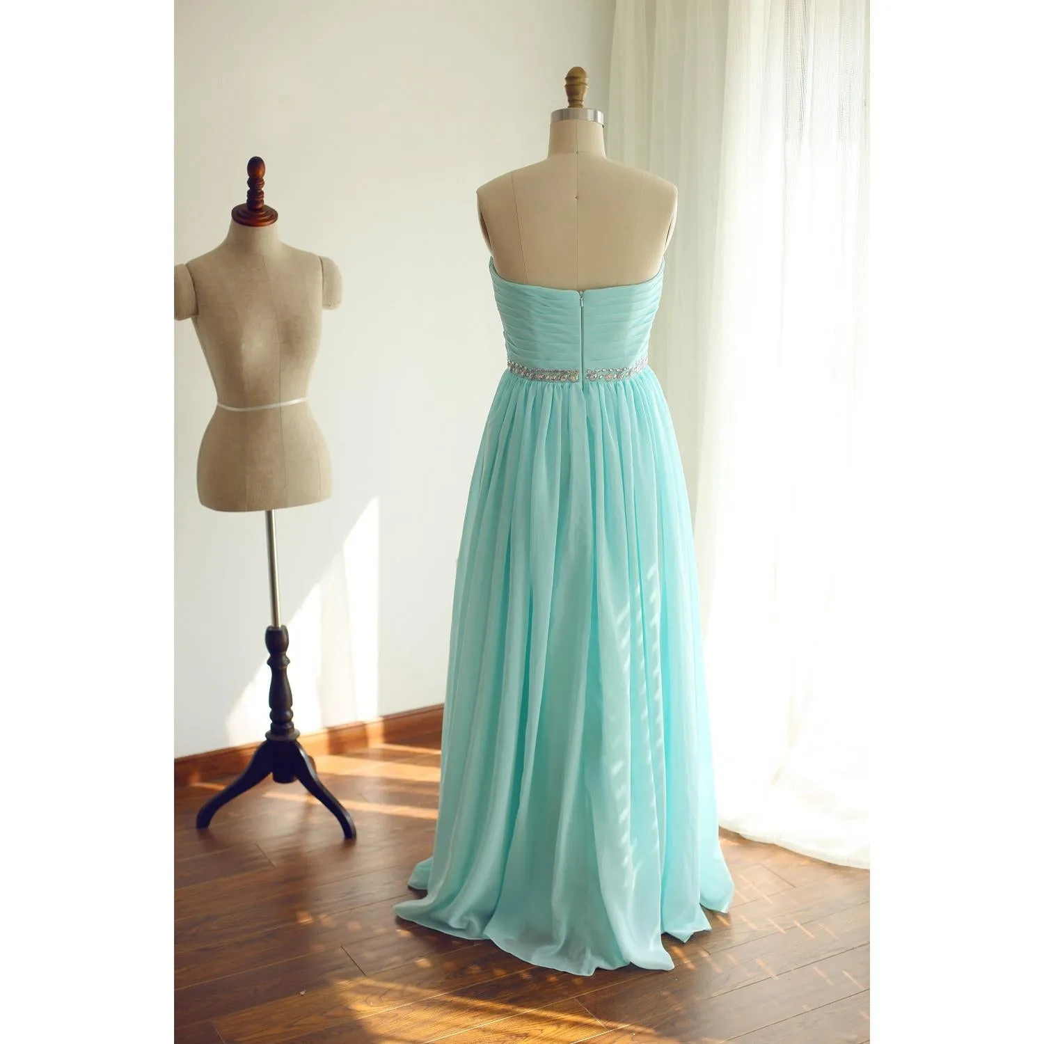 Mint Blue Beaded Sweetheart Chiffon A-line Formal Gown, Charming Party Dress
