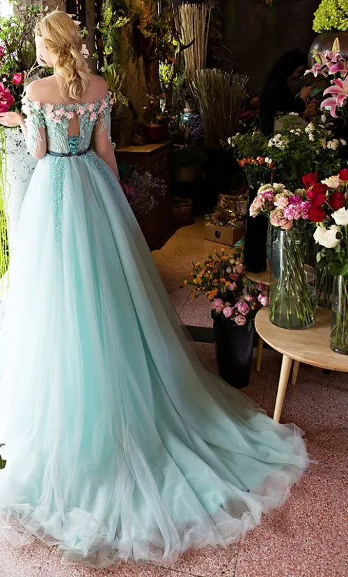Mint Green 3D Flowers Lace Tulle Off Shoulder Party Dress, A-line Long Formal Dress