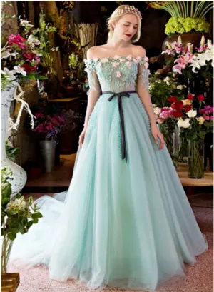 Mint Green 3D Flowers Lace Tulle Off Shoulder Party Dress, A-line Long Formal Dress