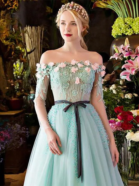 Mint Green 3D Flowers Lace Tulle Off Shoulder Party Dress, A-line Long Formal Dress