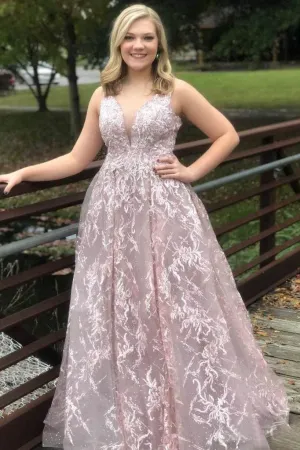 Modest Sleeveless Lace Pink Prom Dress Long Formal Dresses OKO92