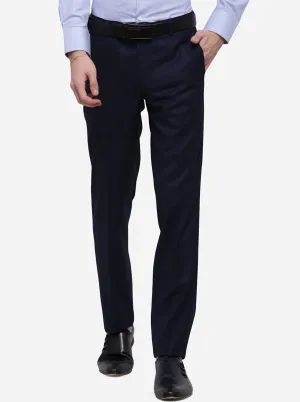 Navy Blue Checked Slim Fit Formal Trouser | Metal