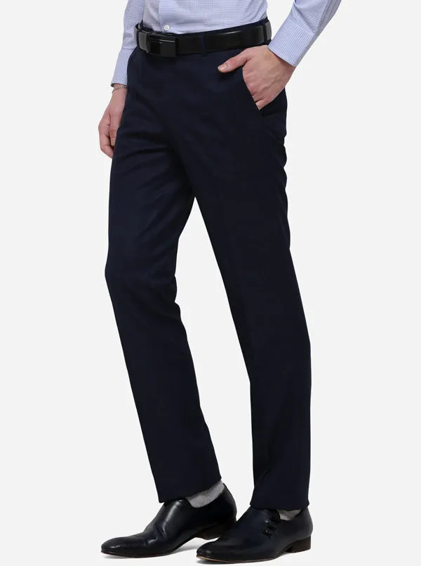 Navy Blue Checked Slim Fit Formal Trouser | Metal