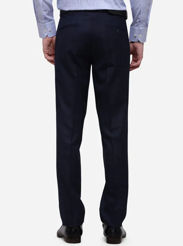 Navy Blue Checked Slim Fit Formal Trouser | Metal