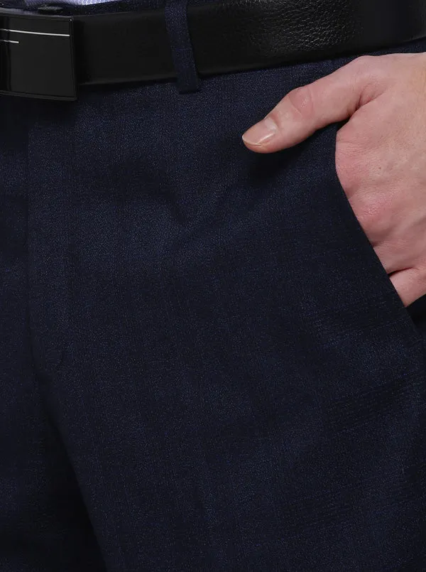 Navy Blue Checked Slim Fit Formal Trouser | Metal