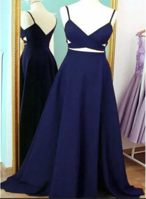 Navy Blue Chiffon Prom Dress , Party Dresses, Straps Formal Dresses