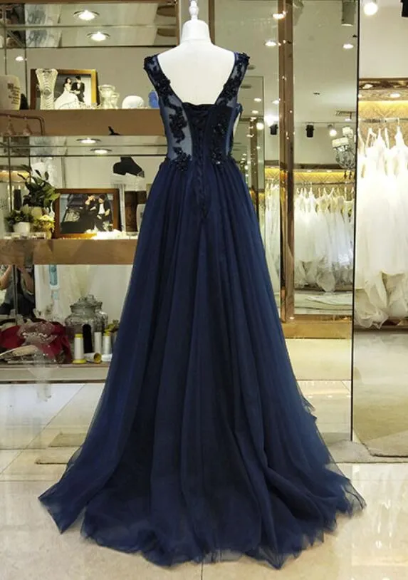 Navy Blue Lace Applique Beaded Long Formal Gown,Charming A-line Prom Dress