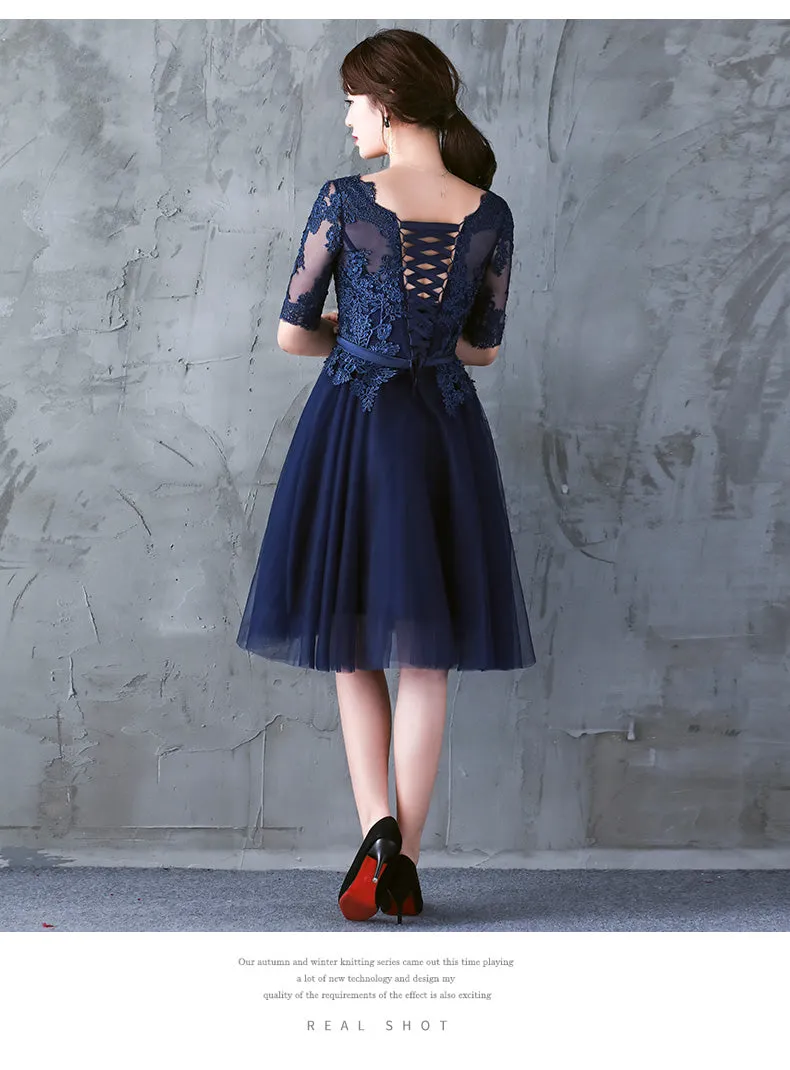 Navy Blue Lace Short Sleeves Tulle Short Homecoming Dress, Blue Tulle Prom Dress Formal Dress