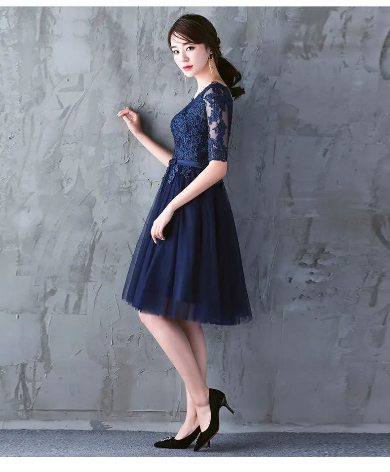 Navy Blue Lace Short Sleeves Tulle Short Homecoming Dress, Blue Tulle Prom Dress Formal Dress