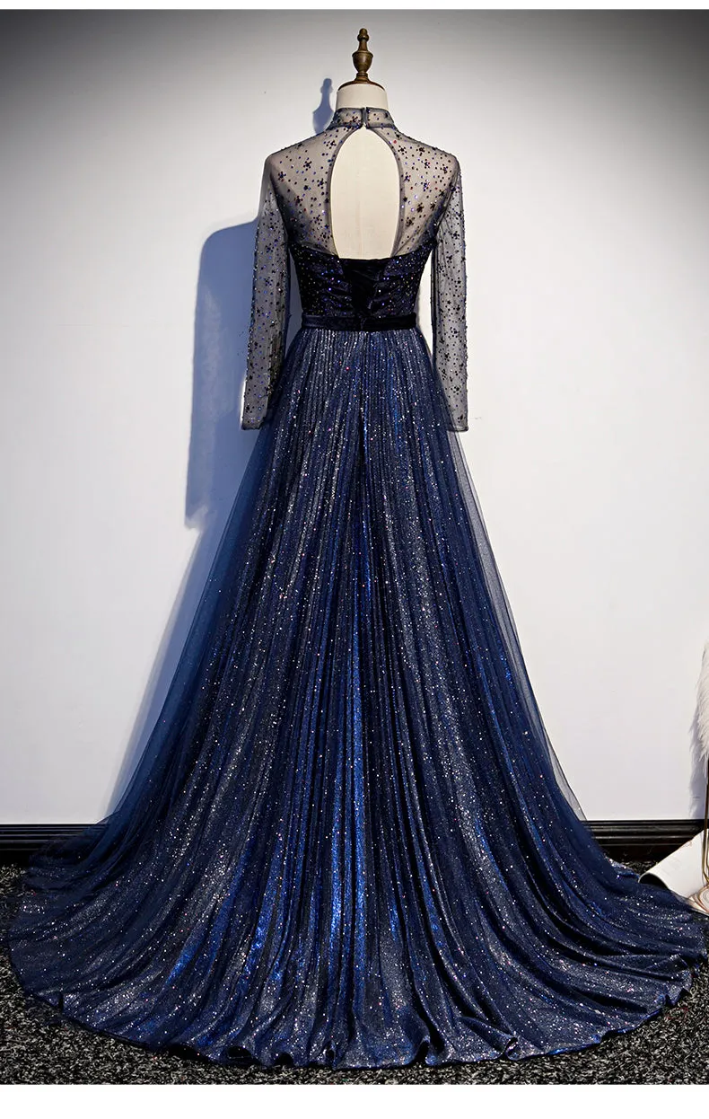 Navy Blue Long Sleeves Shiny Sparkle Long Evening Dress, Sequins Blue Wedding Party Dress