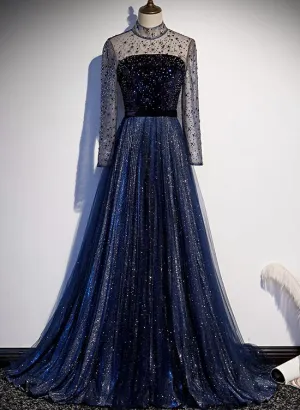 Navy Blue Long Sleeves Shiny Sparkle Long Evening Dress, Sequins Blue Wedding Party Dress