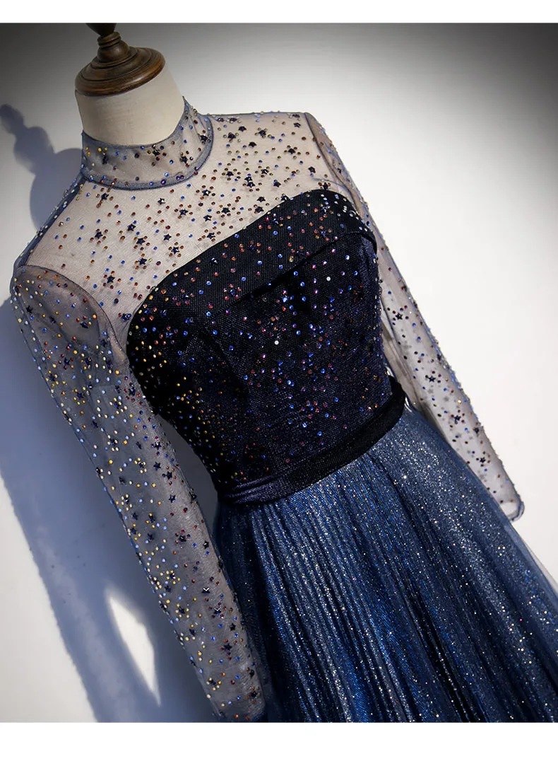 Navy Blue Long Sleeves Shiny Sparkle Long Evening Dress, Sequins Blue Wedding Party Dress