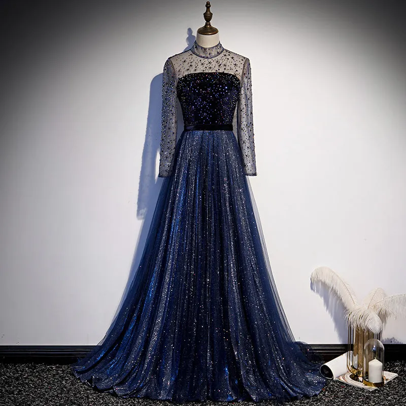 Navy Blue Long Sleeves Shiny Sparkle Long Evening Dress, Sequins Blue Wedding Party Dress