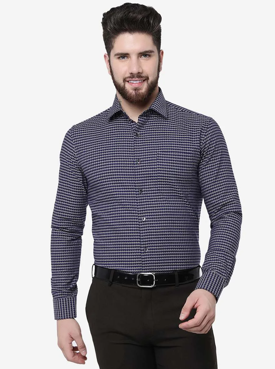 Navy Blue Printed Slim Fit Formal Shirt | JadeBlue