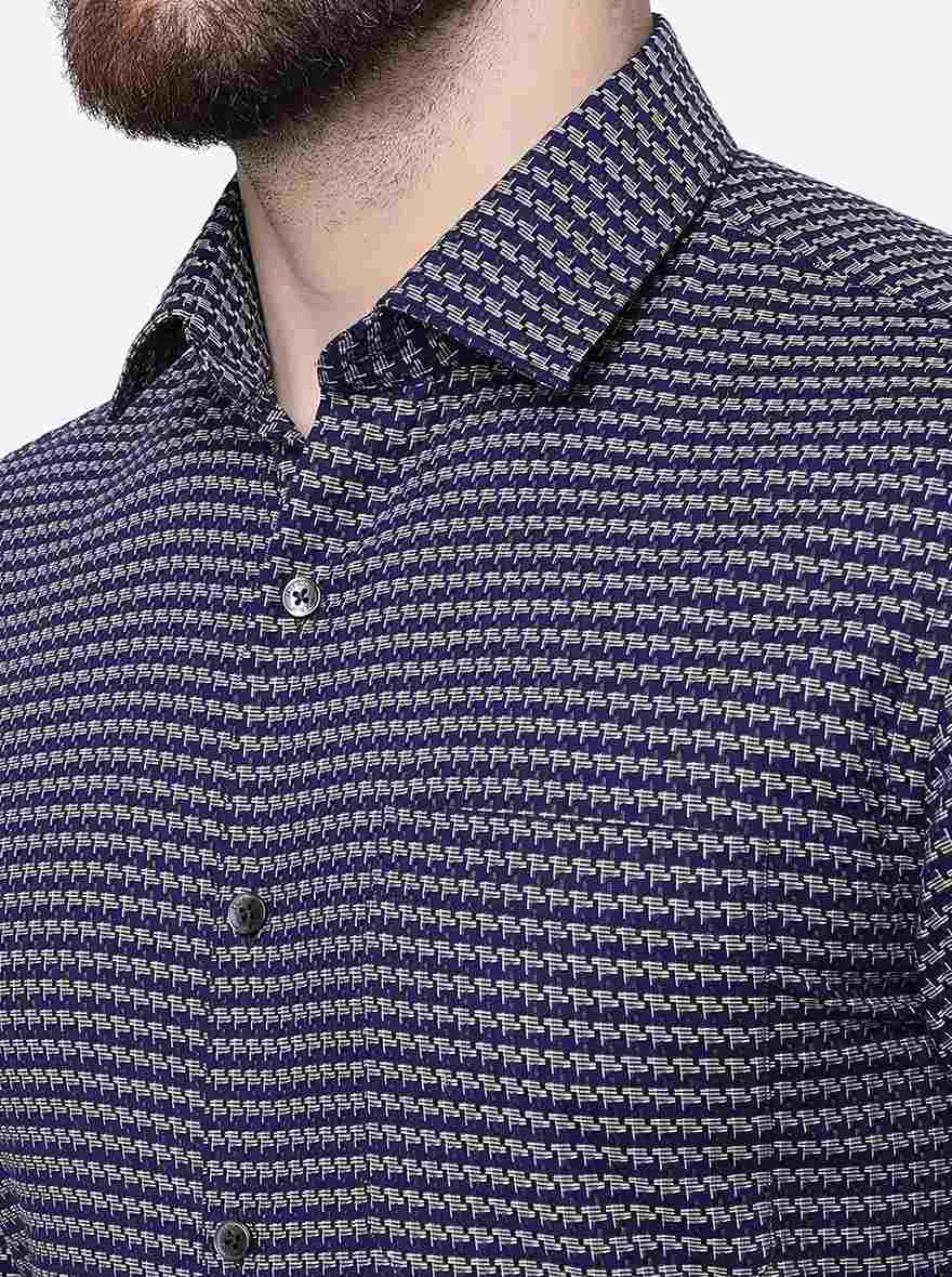 Navy Blue Printed Slim Fit Formal Shirt | JadeBlue