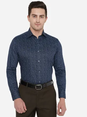 Navy Blue Printed Slim Fit Formal Shirt | Metal
