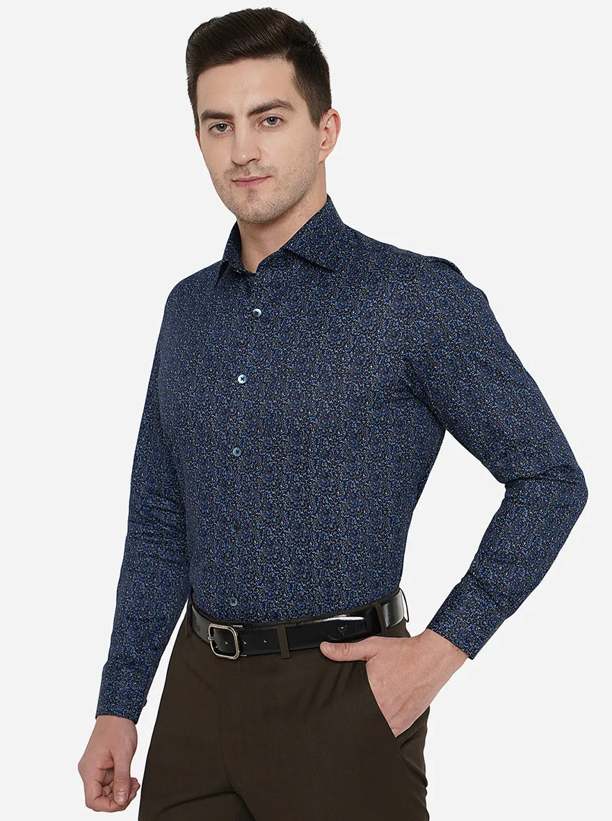 Navy Blue Printed Slim Fit Formal Shirt | Metal