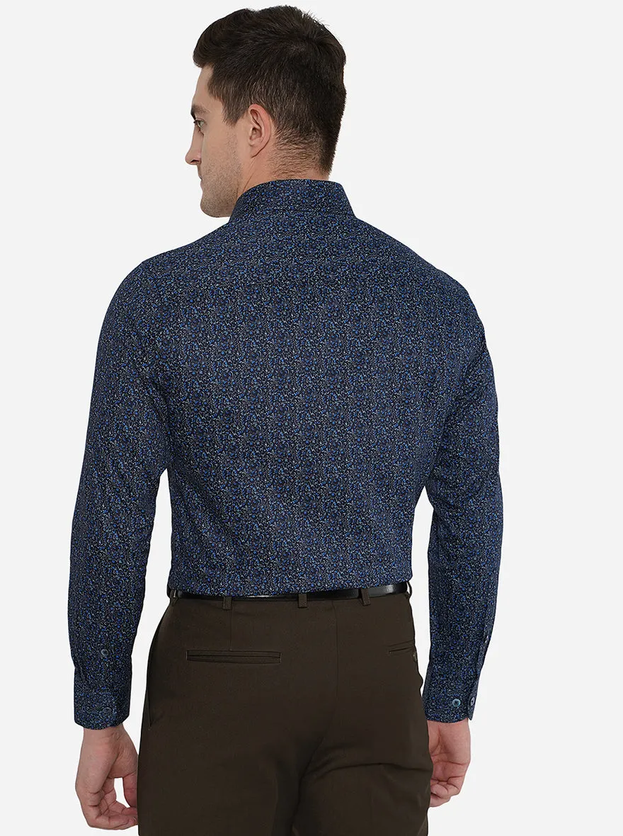 Navy Blue Printed Slim Fit Formal Shirt | Metal