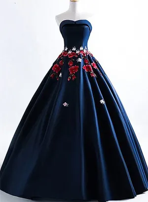 Navy Blue Satin Scoop Ball Gown Floor Length Party Dress, Blue Evening Dress