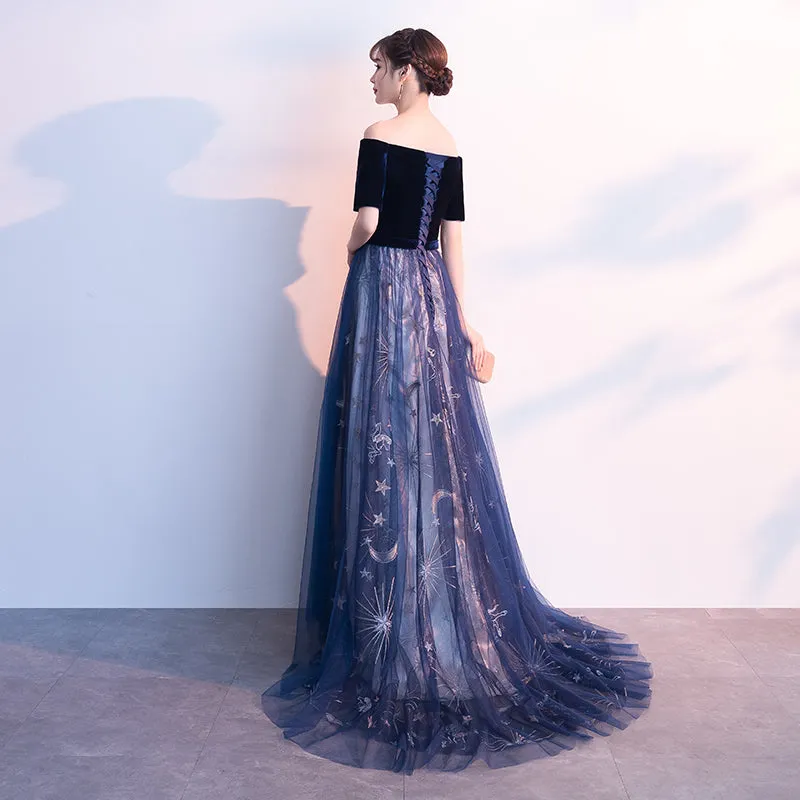 Navy Blue Short Sleeves Velvet and Tulle Party Dress, A-line Formal Gown, Prom Dress
