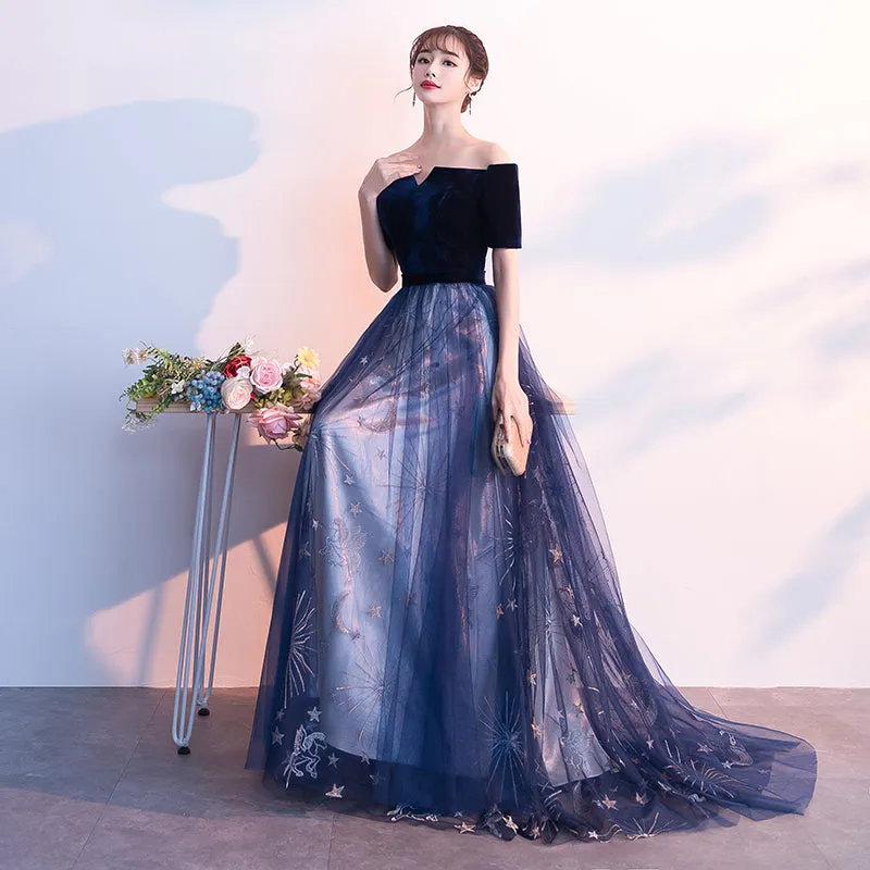 Navy Blue Short Sleeves Velvet and Tulle Party Dress, A-line Formal Gown, Prom Dress