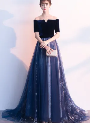 Navy Blue Short Sleeves Velvet and Tulle Party Dress, A-line Formal Gown, Prom Dress