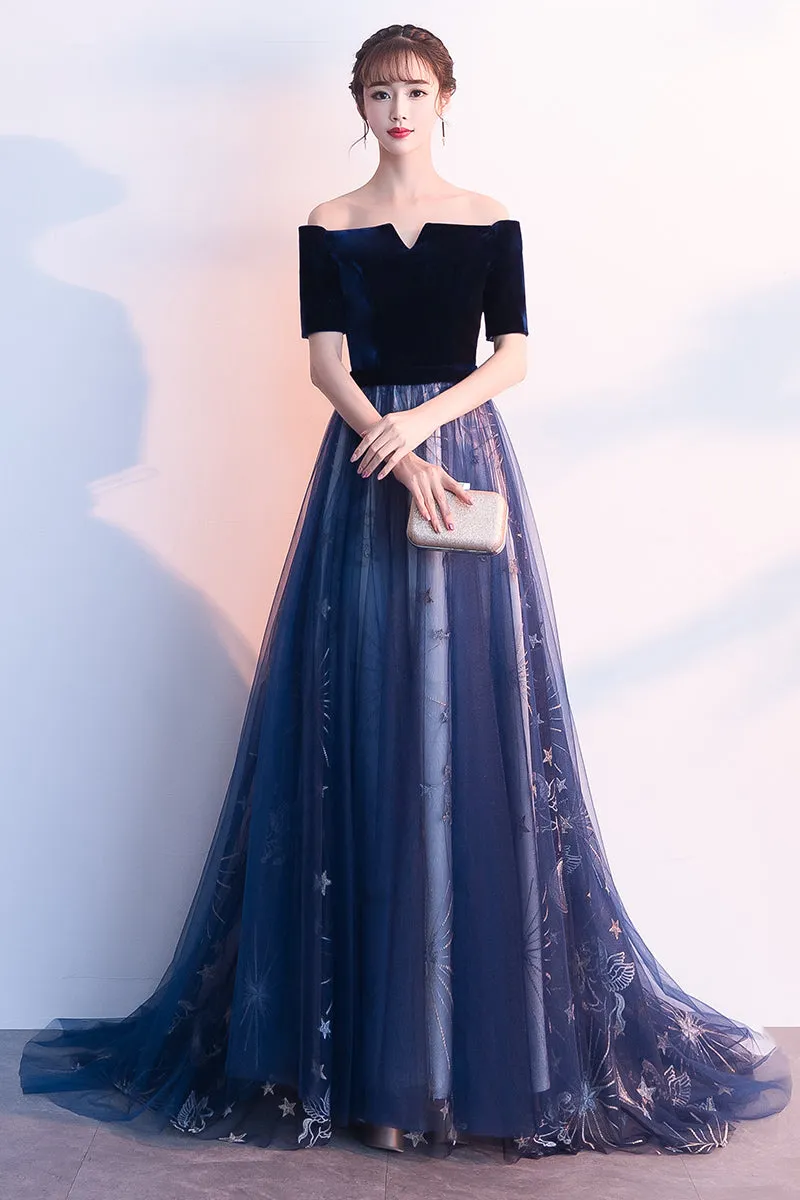 Navy Blue Short Sleeves Velvet and Tulle Party Dress, A-line Formal Gown, Prom Dress