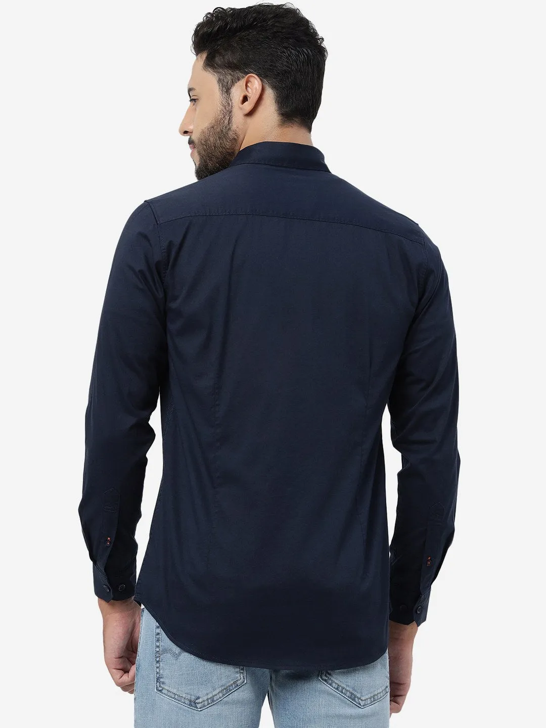 Navy Blue Solid Slim Fit Casual Shirt | JadeBlue