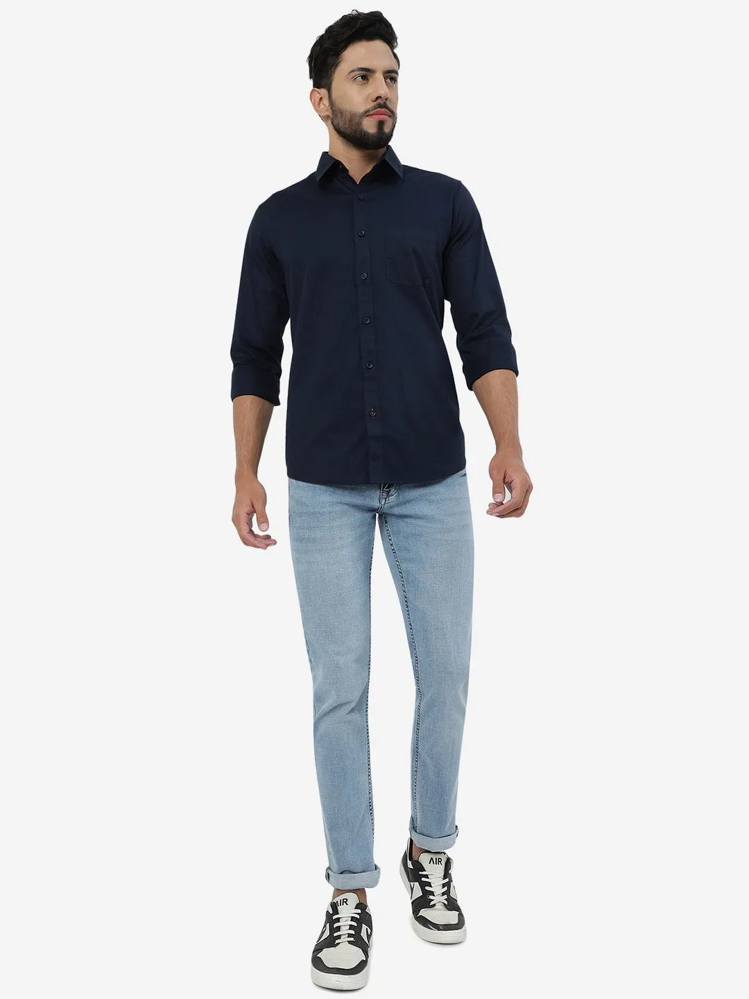 Navy Blue Solid Slim Fit Casual Shirt | JadeBlue