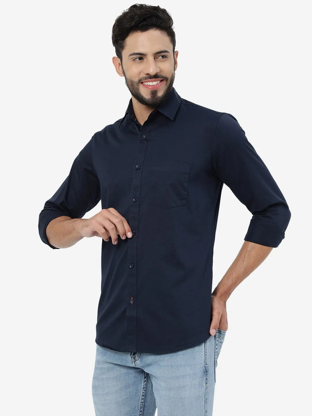 Navy Blue Solid Slim Fit Casual Shirt | JadeBlue