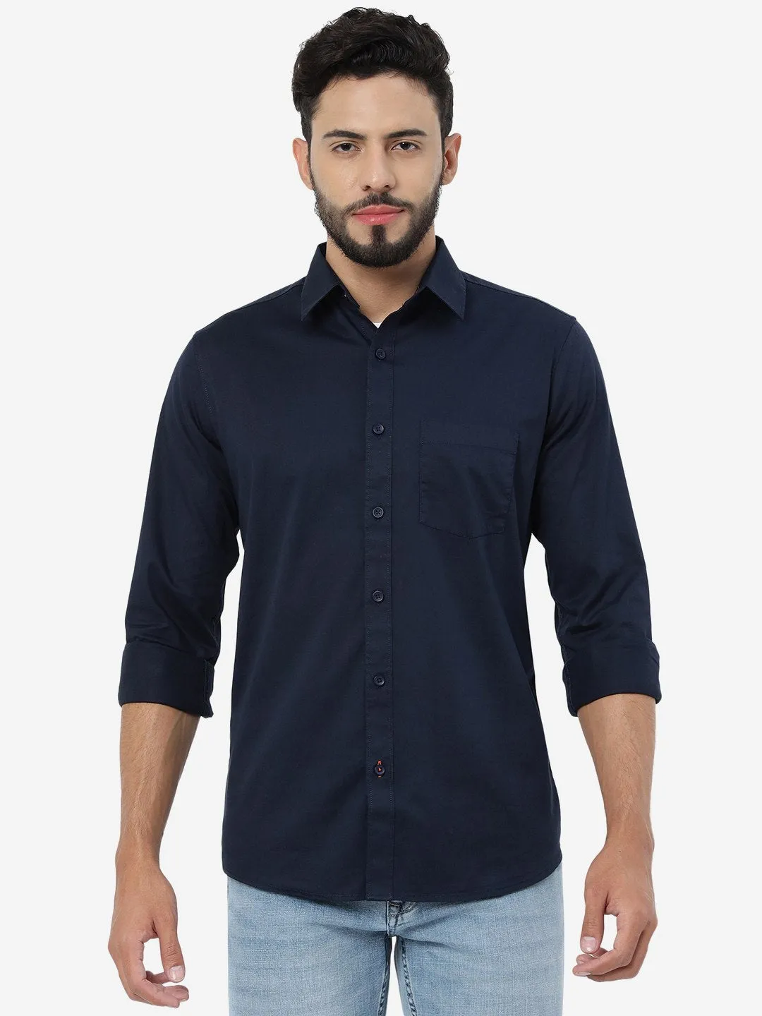 Navy Blue Solid Slim Fit Casual Shirt | JadeBlue