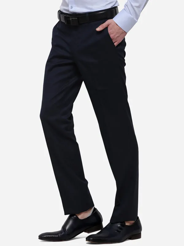 Navy Blue Solid Slim Fit Formal Trouser | Metal