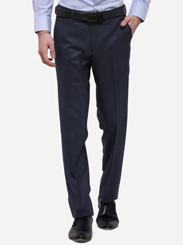 Navy Blue Solid Slim Fit Formal Trouser | Metal