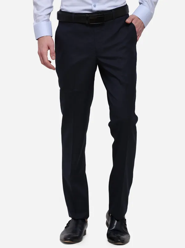 Navy Blue Solid Slim Fit Formal Trouser | Metal