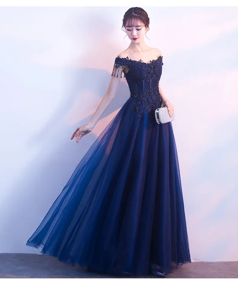 Navy Blue Tulle Long Party Dres with Lace Applique, Off Shoulder Long Prom Dress Formal Dress