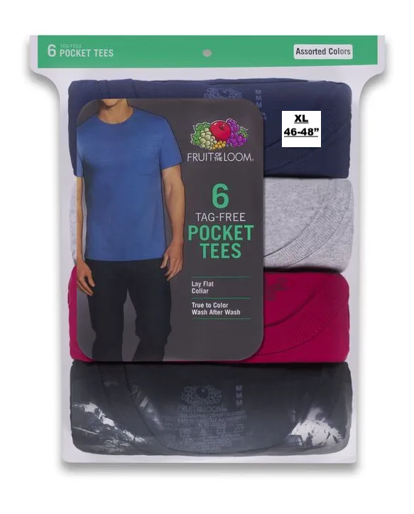 New in package! Fruit of the Loom Mens Short Sleeve Pocket T-Shirts, 6 Pack, Assorted colours, Sz XL!