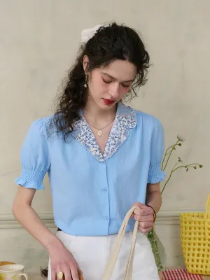 Noemi Vintage Floral Print Lapel Puff Sleeve Cotton Blouse