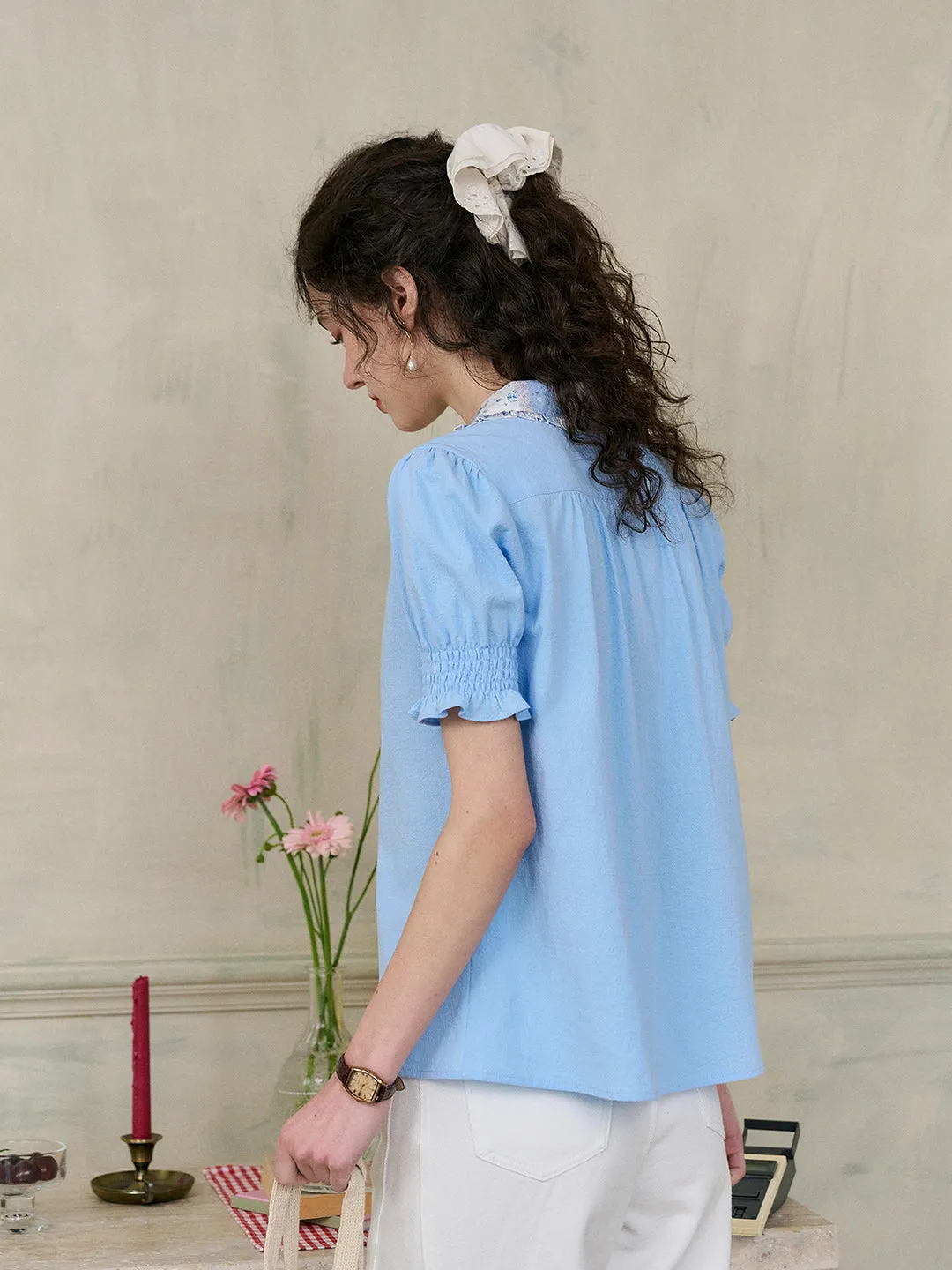 Noemi Vintage Floral Print Lapel Puff Sleeve Cotton Blouse