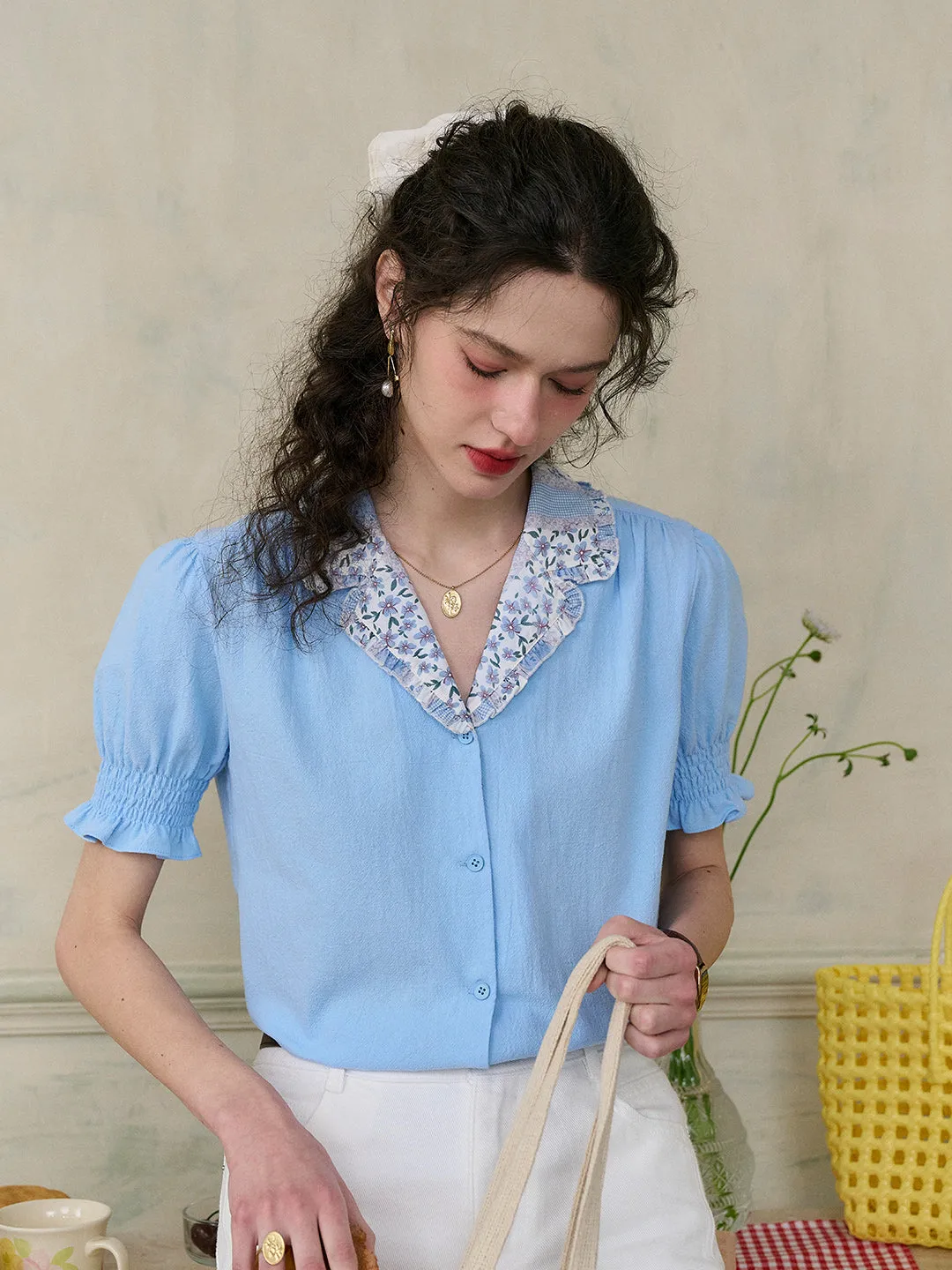 Noemi Vintage Floral Print Lapel Puff Sleeve Cotton Blouse