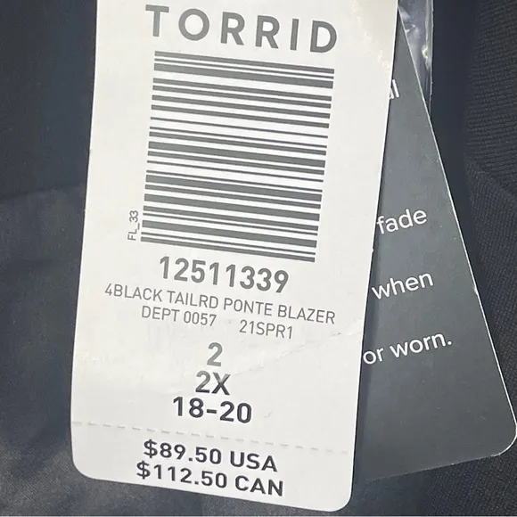 NWT Torrid 2X Tailored Ponte Black Blazer Jacket