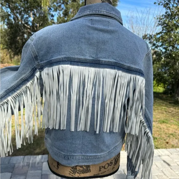 NWT VIGOSS Faux Leather Fringe Jean Jacket Size Small