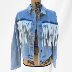 NWT VIGOSS Faux Leather Fringe Jean Jacket Size Small