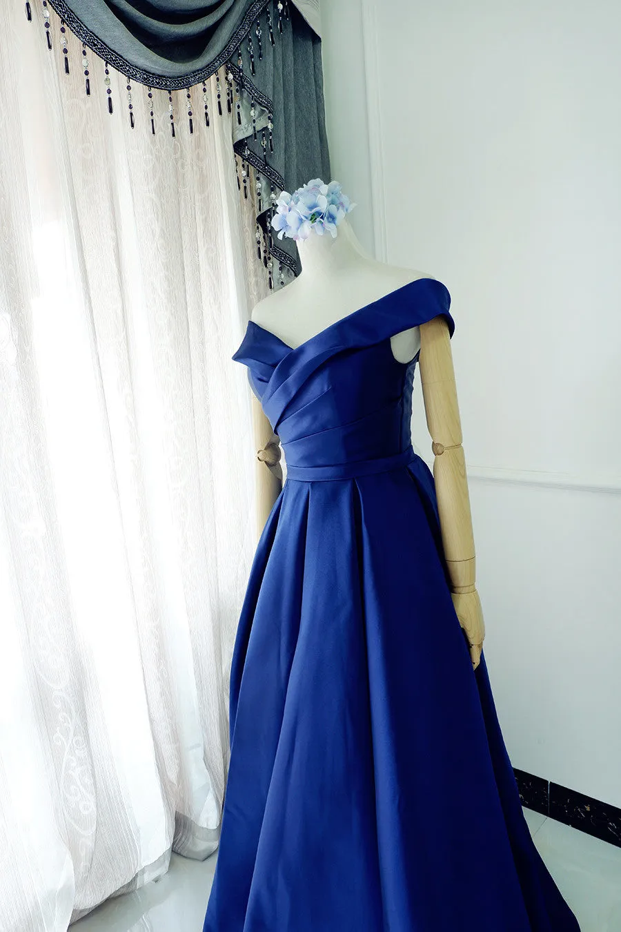 Off Shoulder Blue Satin Floor Length Party Dress, A-line Junior Prom Dress